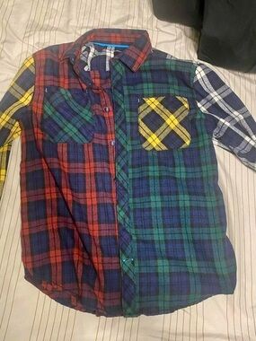 Mixed Plaid Button-Up Shirt in Red, Green, Navy, Yellow